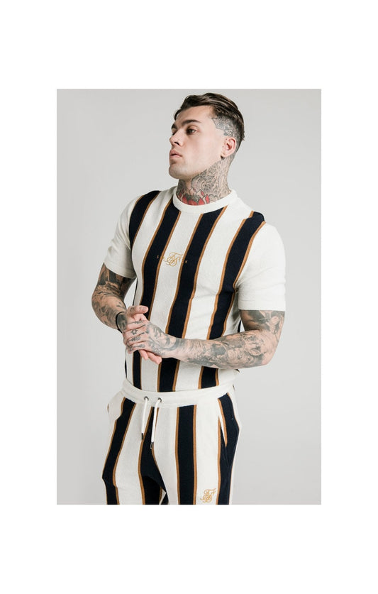 SikSilk Fitted Knit Tee - Off White,Navy & Gold
