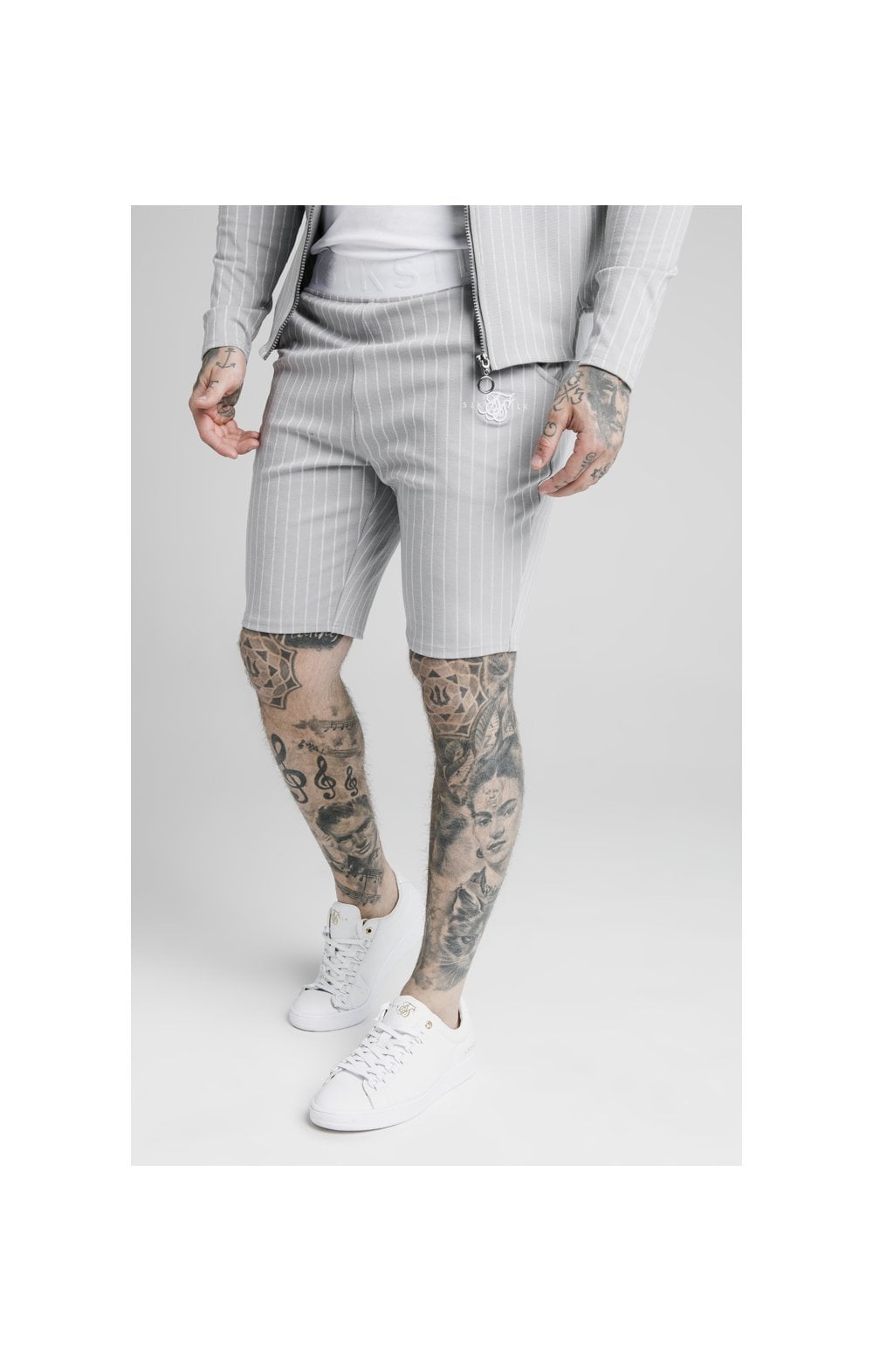 Laad de afbeelding in de Galerij viewer, SikSilk Dual Stripe Poly Shorts - Grey &amp; White