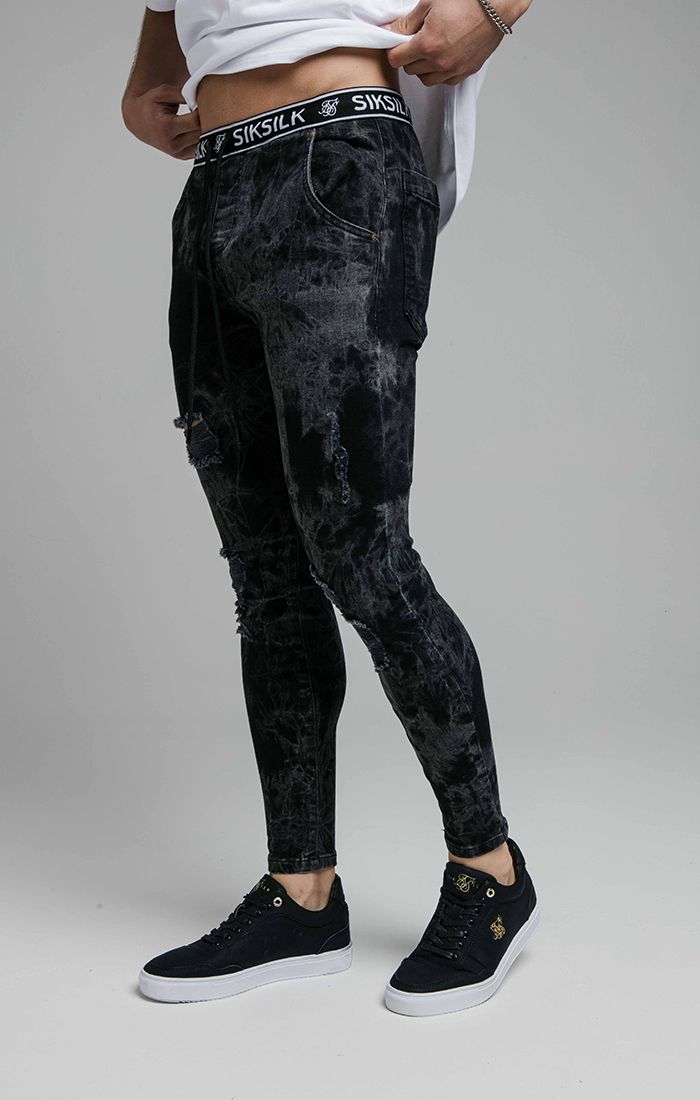 Laad de afbeelding in de Galerij viewer, SikSilk Distressed Skinny Elasticated Jeans - Black Tie Dye