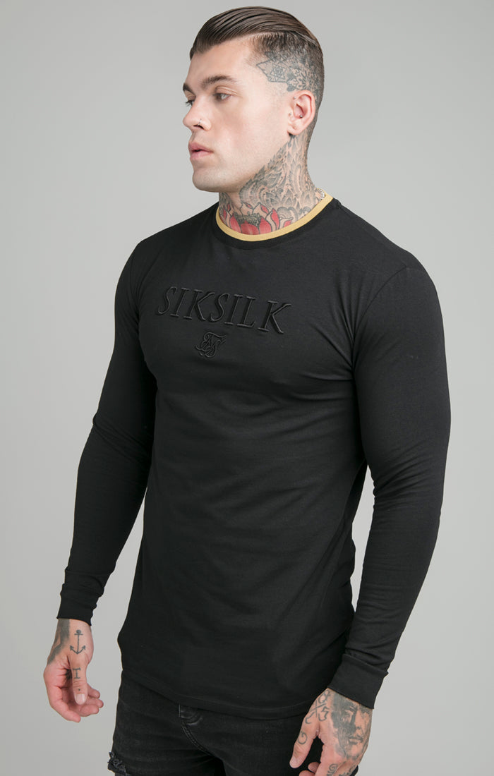 Laad de afbeelding in de Galerij viewer, Camiseta de gimnasio SikSilk de manga larga con cuello acanalado - Negro