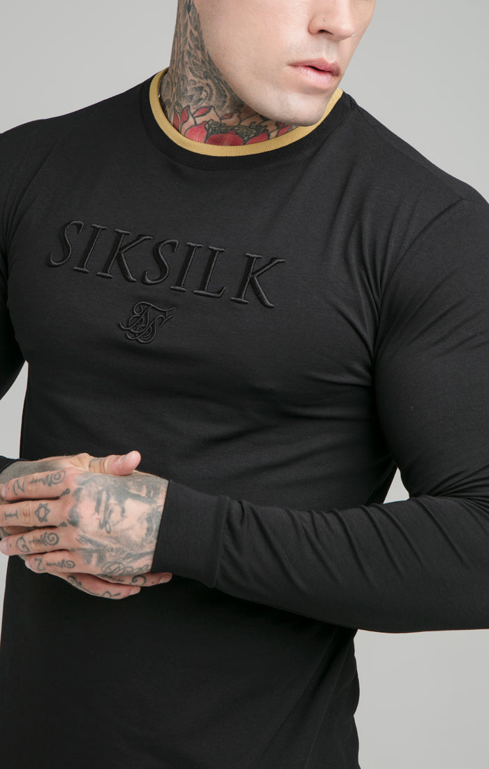 Laad de afbeelding in de Galerij viewer, Camiseta de gimnasio SikSilk de manga larga con cuello acanalado - Negro (1)