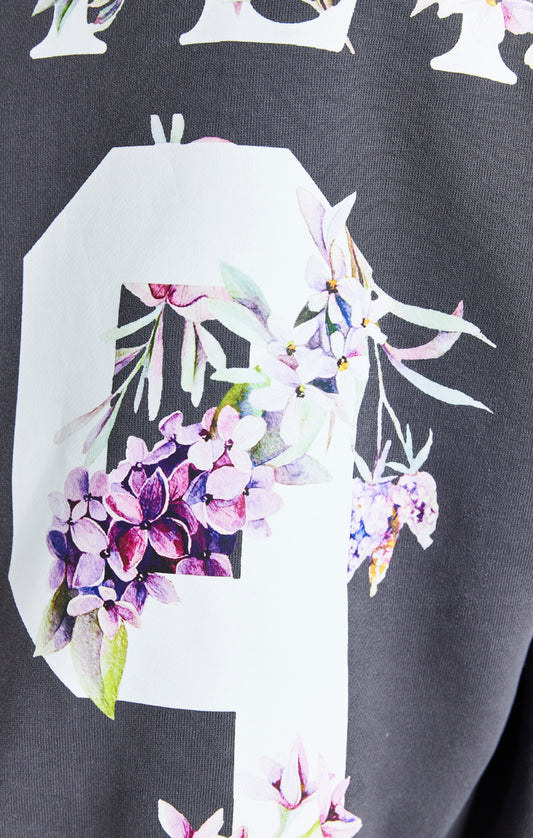 Sudadera SikSilk con capucha, lavado ácido y diseño floral - Gris