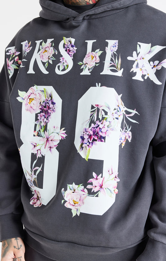 Sudadera SikSilk con capucha, lavado ácido y diseño floral - Gris