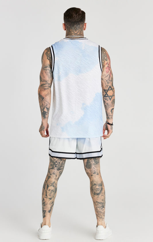Camiseta de baloncesto SikSilk con estampado completo de jacquard - Blanco y azul