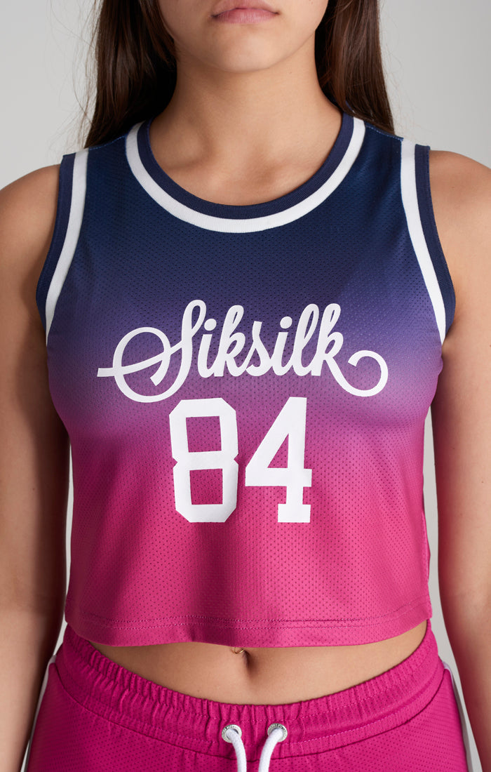 Laad de afbeelding in de Galerij viewer, Camiseta corta de baloncesto SikSilk de malla - Azul marino y rosa (1)