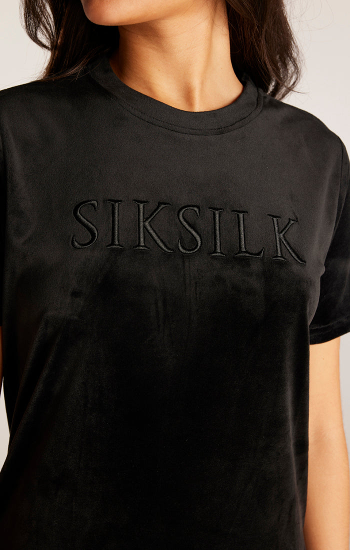 Laad de afbeelding in de Galerij viewer, Vestido Camiseta de Terciopelo con Bordado SikSilk - Negro (2)