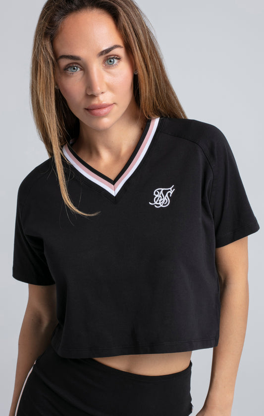 Camiseta Corta con Cuello en Pico y Logotipo Varsity Negra
