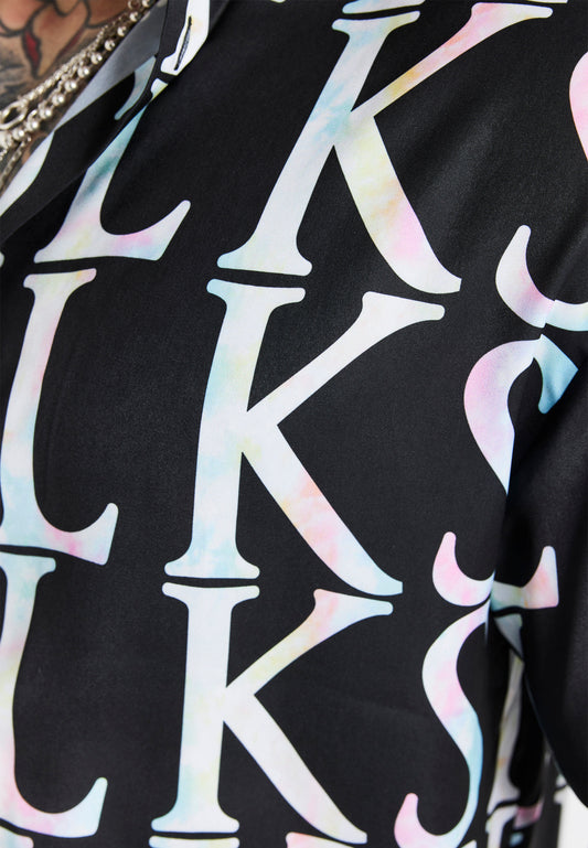 Camisa resort SikSilk con estampado completo - Negro y tie-dye