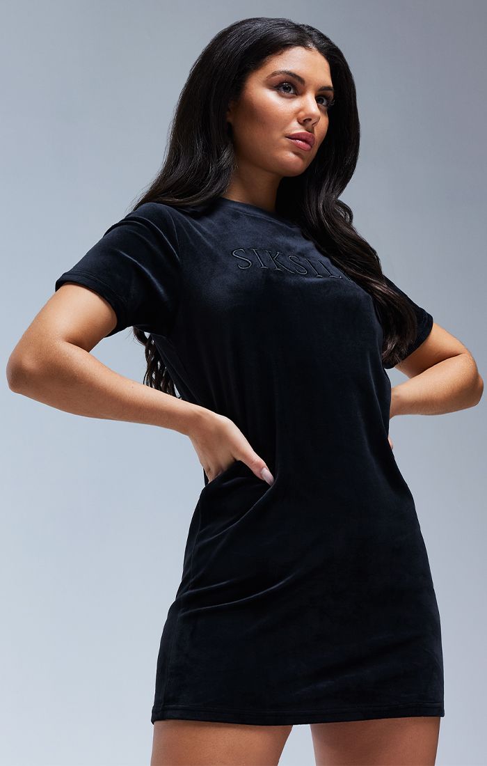 Laad de afbeelding in de Galerij viewer, Vestido Camiseta de Terciopelo con Bordado SikSilk - Negro